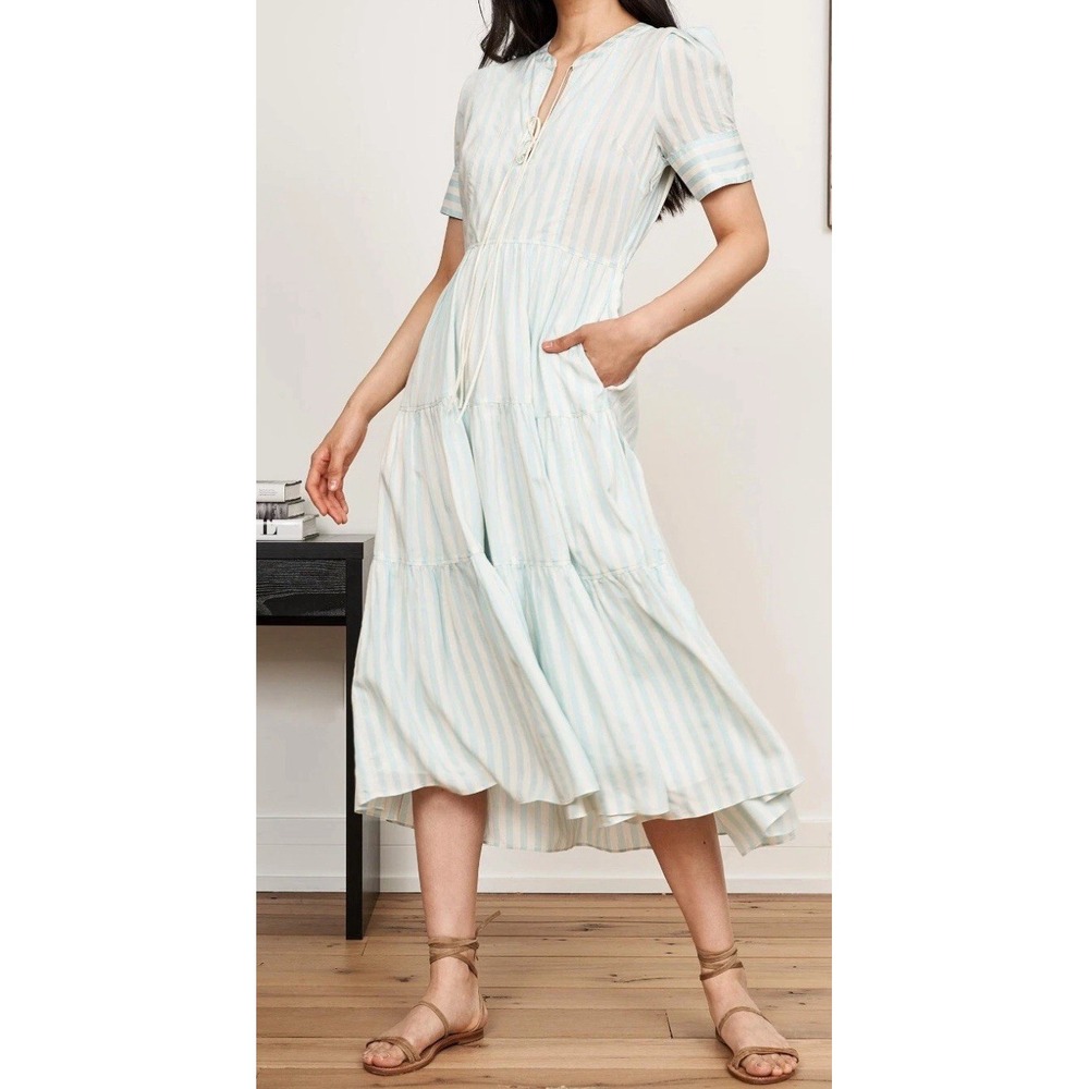 LA LIGNE Izzy Silk‎ Blend Ivory & Blue Midi Dress Size L